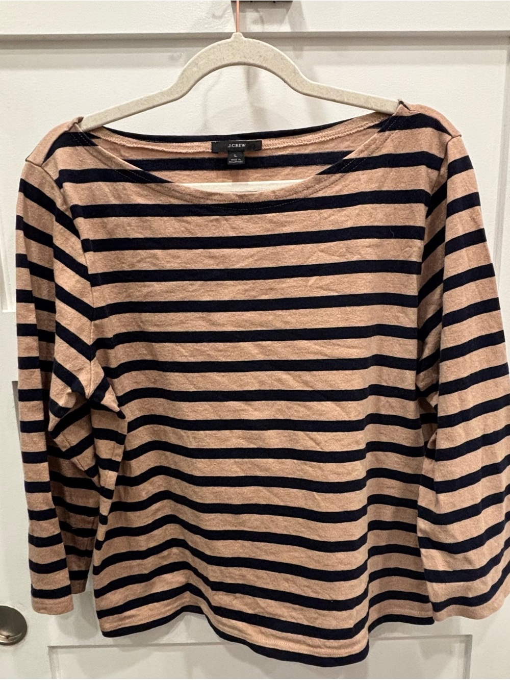 J. Crew Striped Long-Sleeve Boatneck Top in Tan and Navy